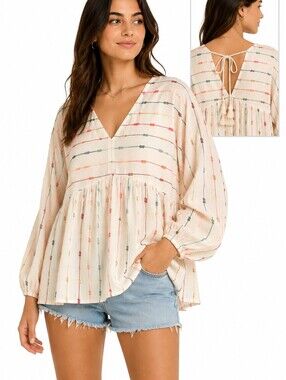 Zara Women's Embroidered Peasant Blouse Cream Multicolor Back Tassel Tie -M